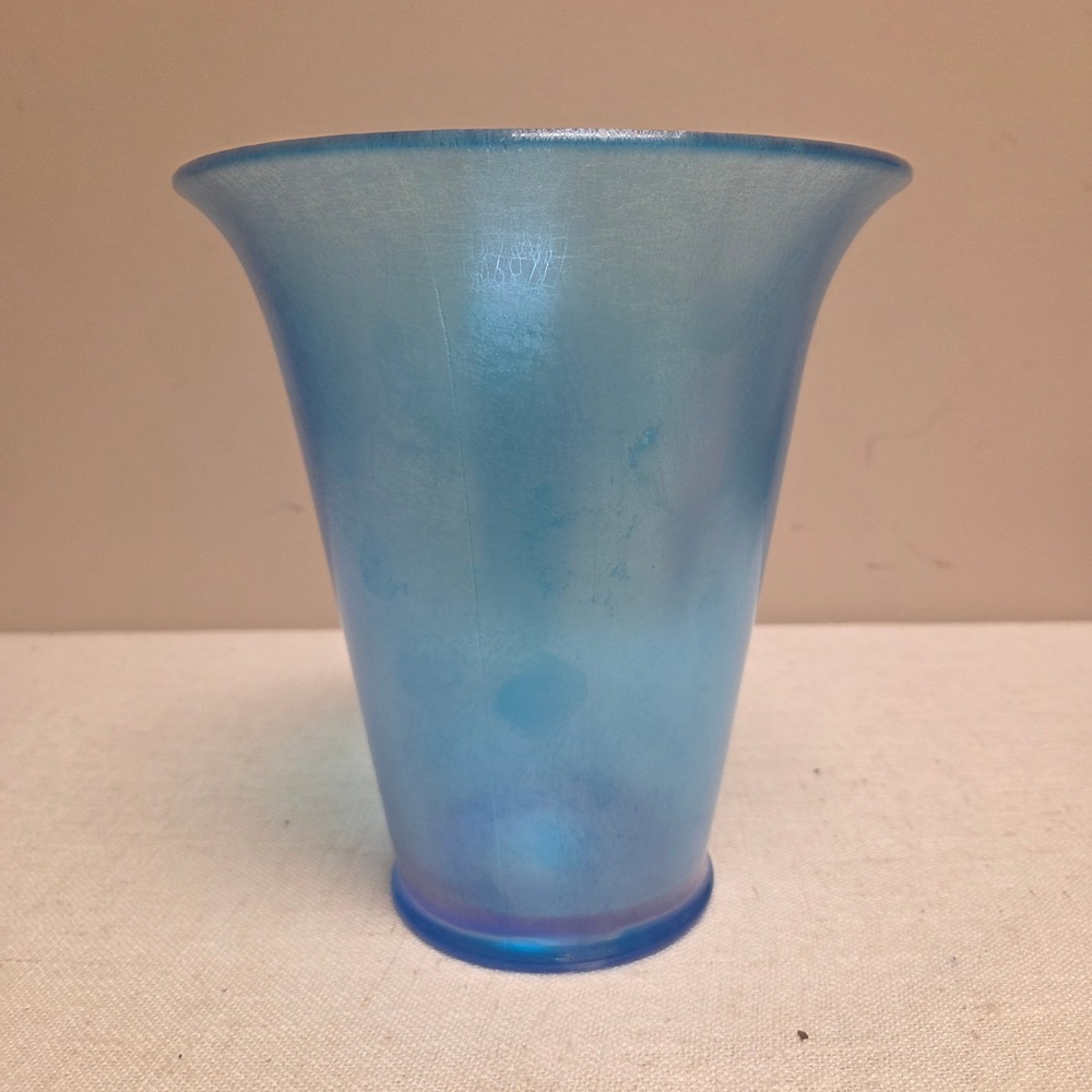 Vintage Blue Iridescent Satin Glass Vase Flared Rim
